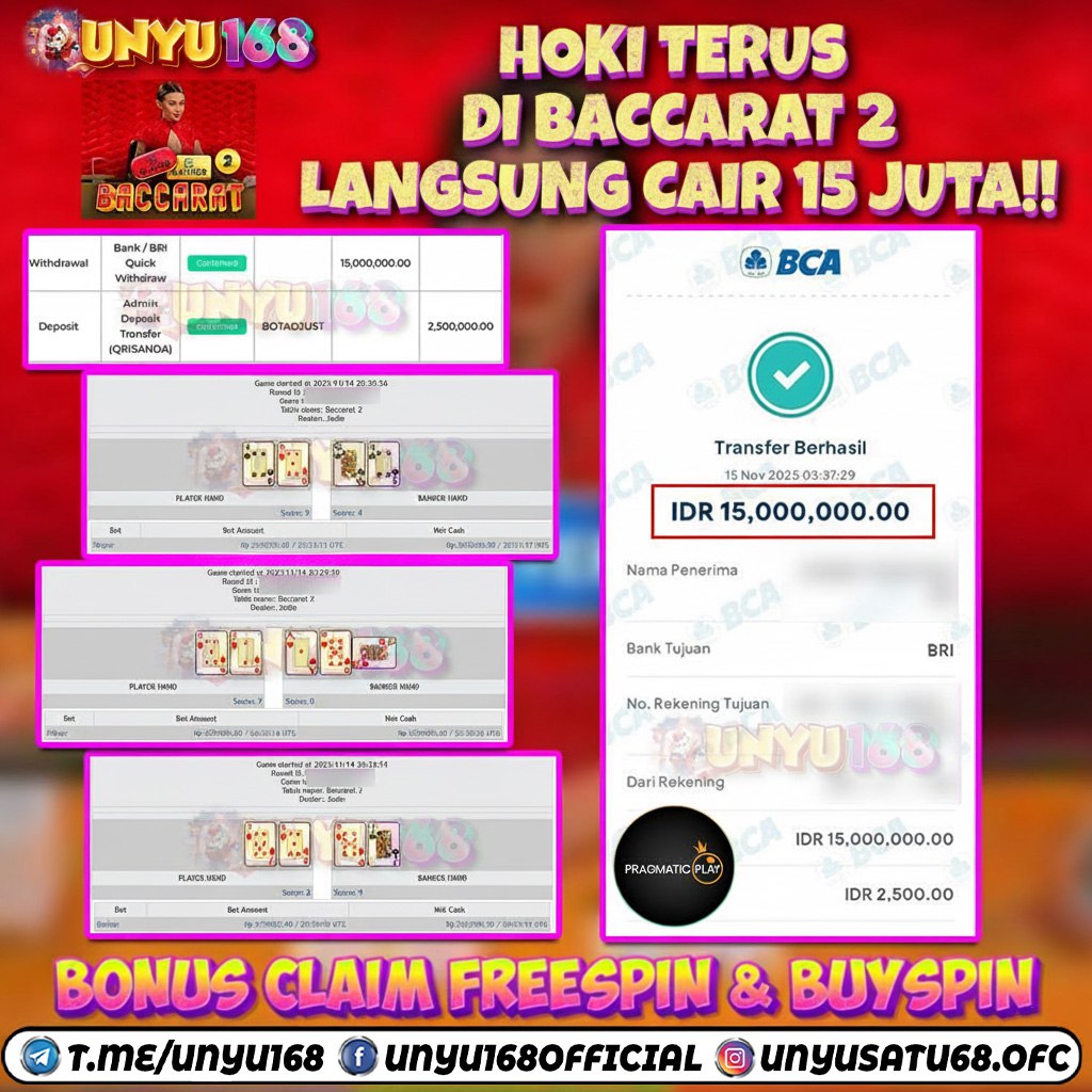 UNYU168 JACKPOT PRAGMATIC LIVE CASINO BACCARAT 2 RP 15.000.000 ID : SAN***