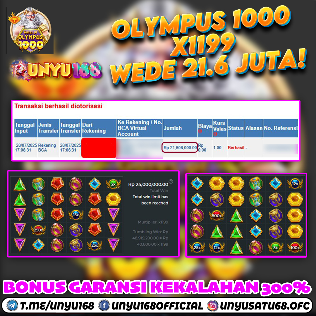 UNYU168 JACKPOT SLOT GATES OF OLYMPUS 1000 RP 21.606.000 ID : SUA***