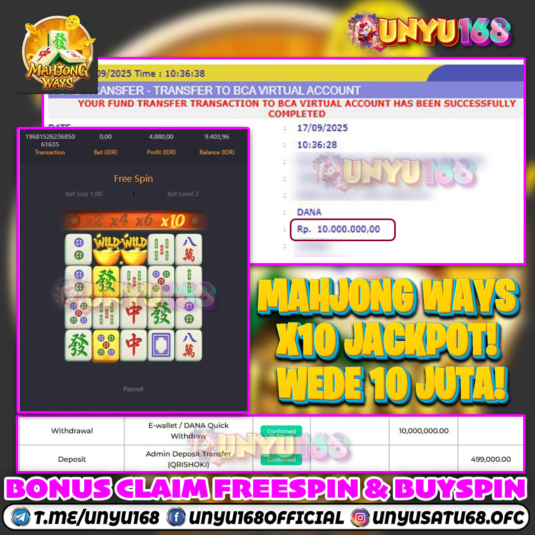 UNYU168 JACKPOT SLOT MAHJONG WAYS RP 10.000.000 ID : NUR***