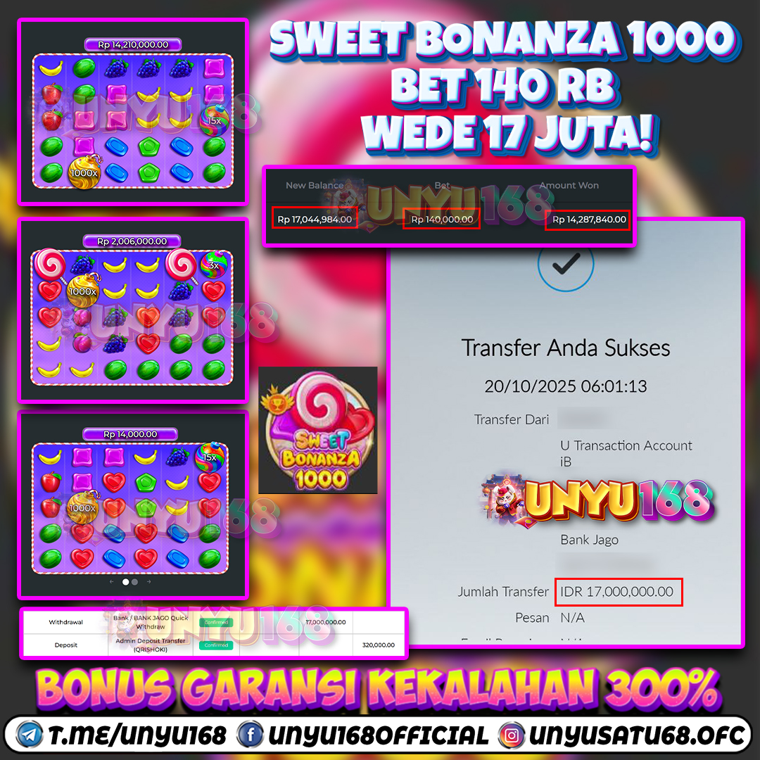 UNYU168 JACKPOT SLOT SWEET BONANZA 1000 RP 17.000.000 ID : NIR***