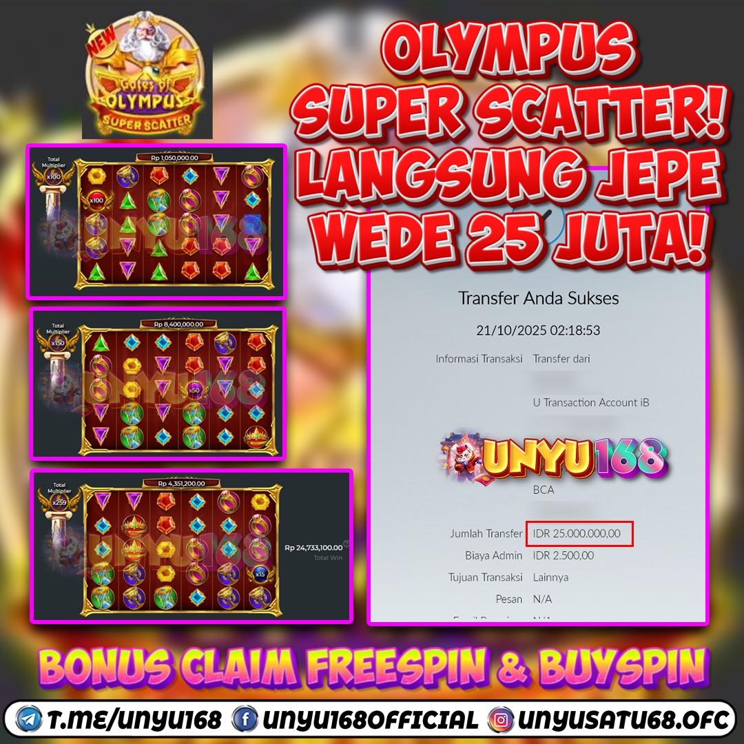 UNYU168 JACKPOT SLOT GATES OF OLYMPUS SUPER SCATTER RP 25.000.000 ID : NIC***