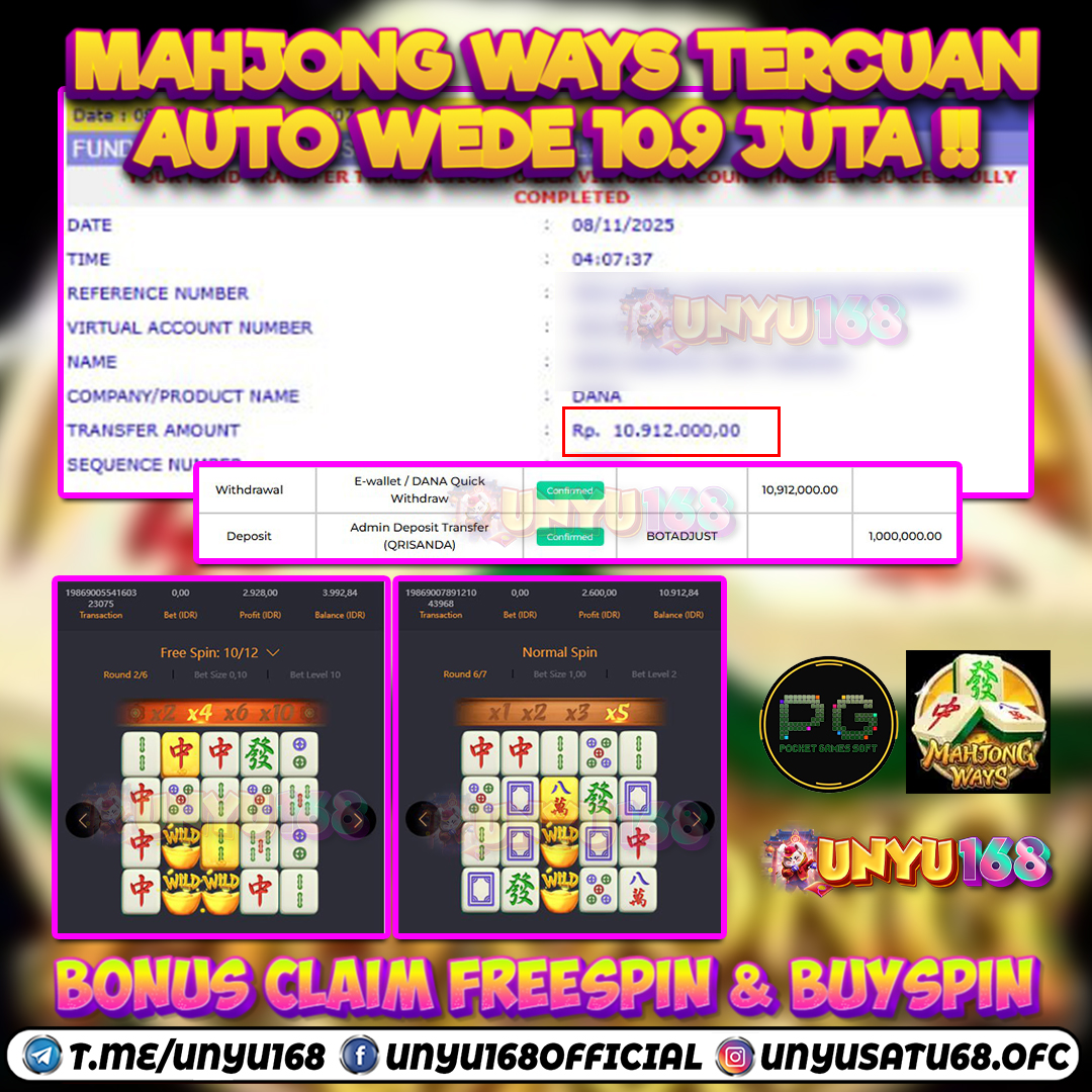 UNYU168 JACKPOT SLOT MAHJONG WAYS RP 10.912.000 ID : MKL***