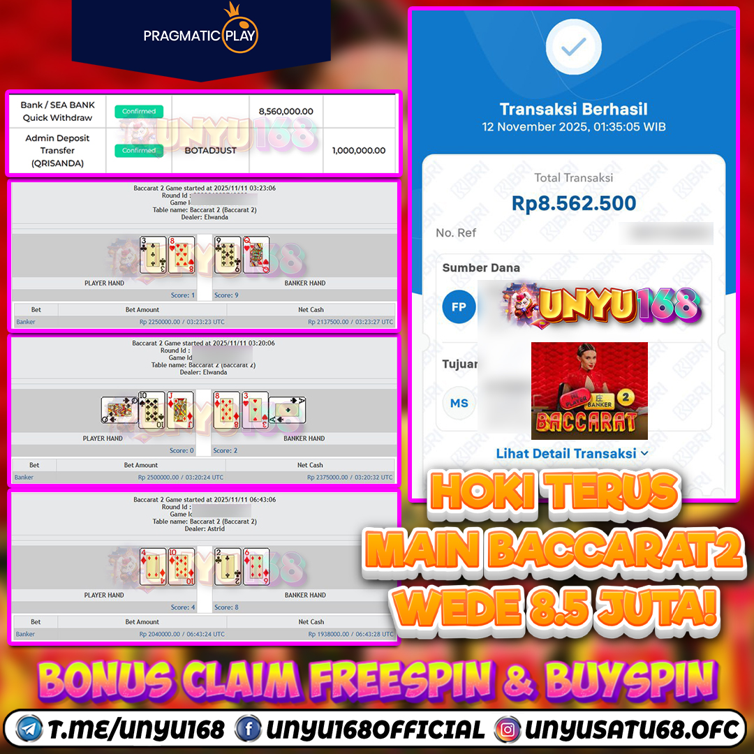 UNYU168 JACKPOT LIVE CASINO BACCARAT 2 RP 8.560.000 ID : OBE***