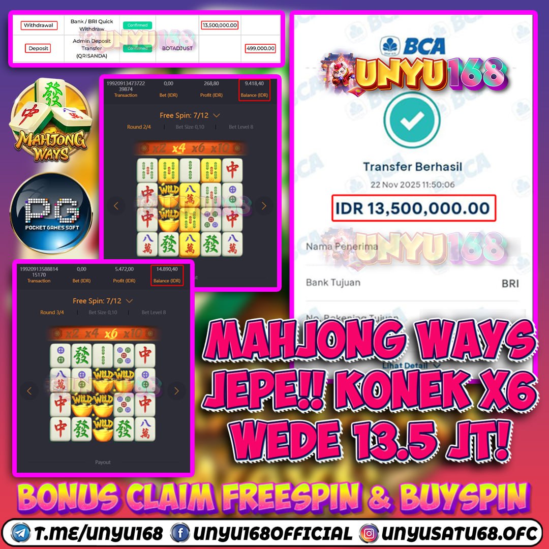 UNYU168 JACKPOT SLOT MAHJONG WAYS RP 13.500.000 ID : ANI***
