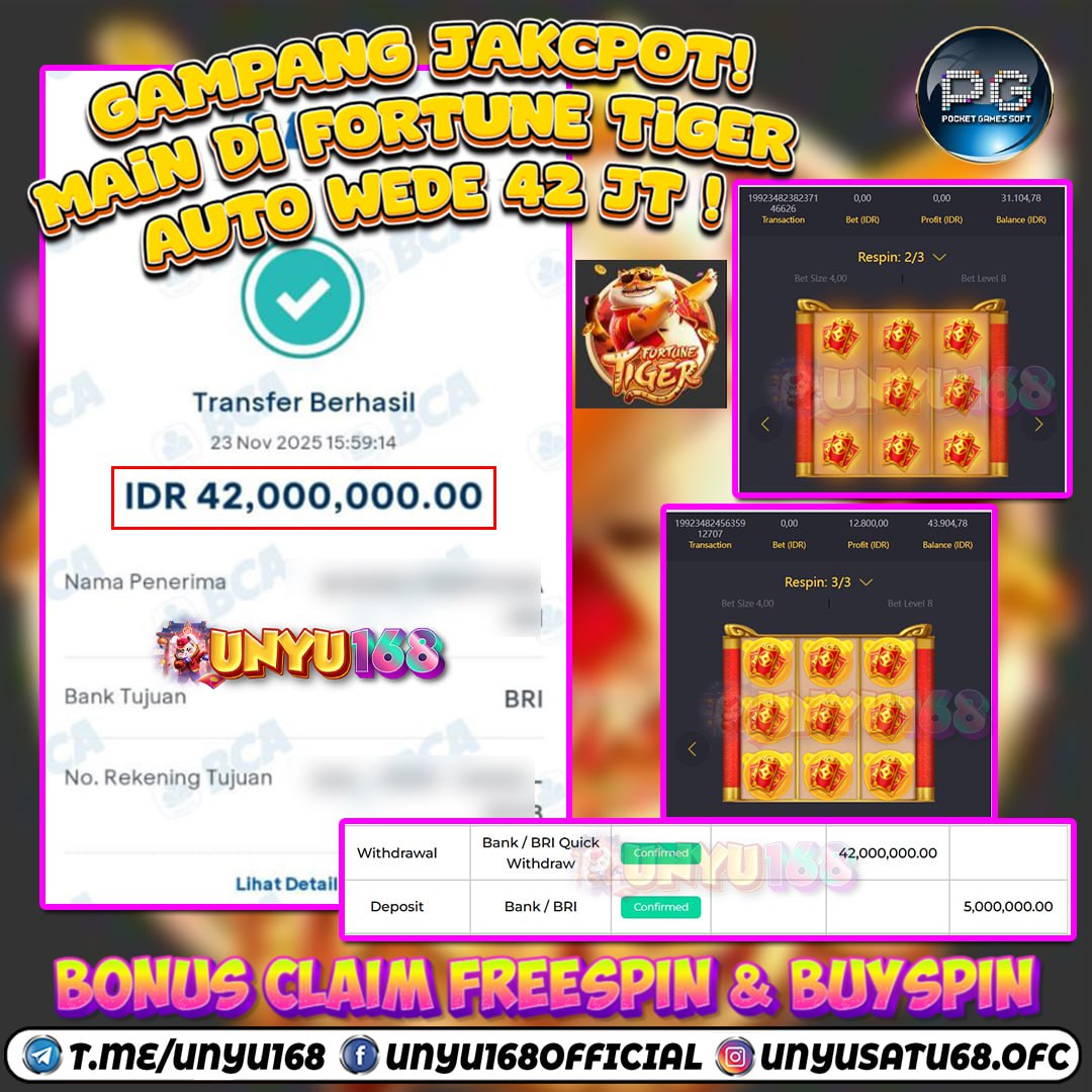 UNYU168 JACKPOT SLOT FORTUNE TIGER RP 42.000.000 ID : LUN***