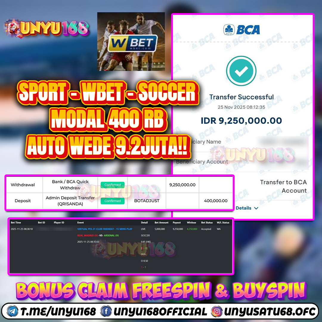 UNYU168 JACKPOT WBET SOCCER RP 9.250.000 ID : JOY***