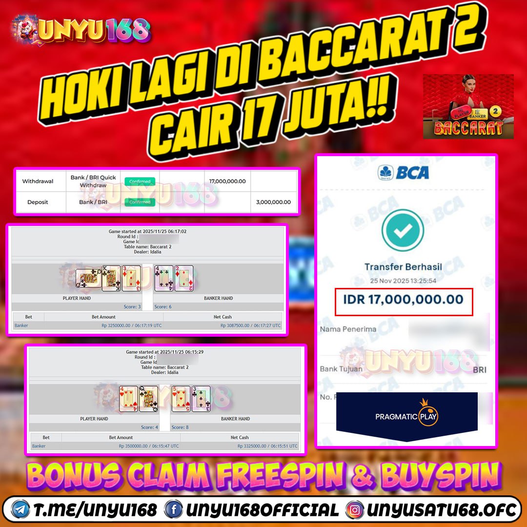 UNYU168 JACKPOT PRAGMATIC LIVE CASINO BACCARAT 2 RP 17.000.000 ID : RIK***