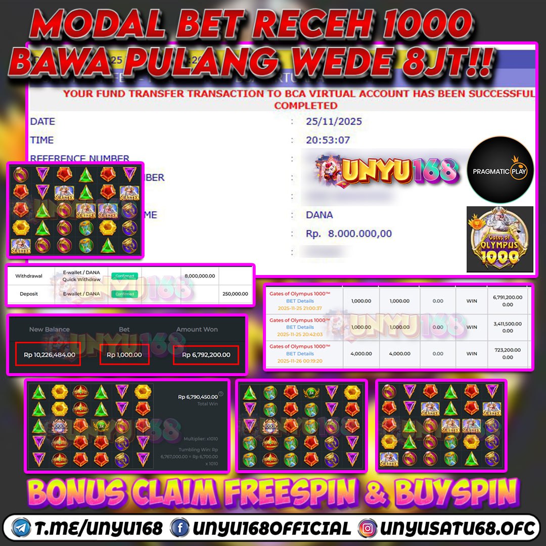 UNYU168 JACKPOT SLOT GATES OF OLYMPUS 1000 RP 8.000.000 ID : KUN***