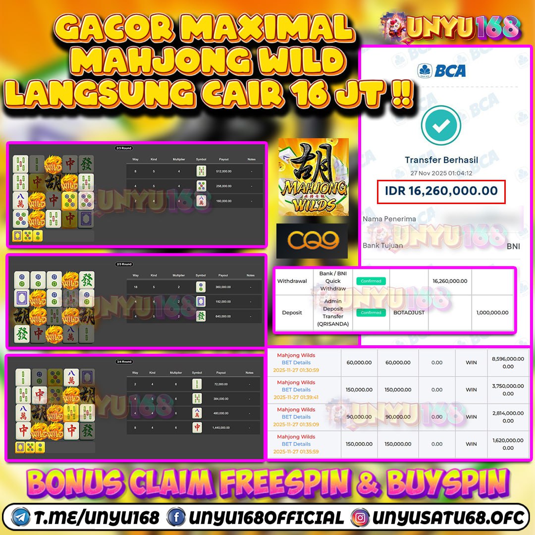 UNYU168 JACKPOT SLOT MAHJONG WILDS RP 16.260.000 ID : SUL***
