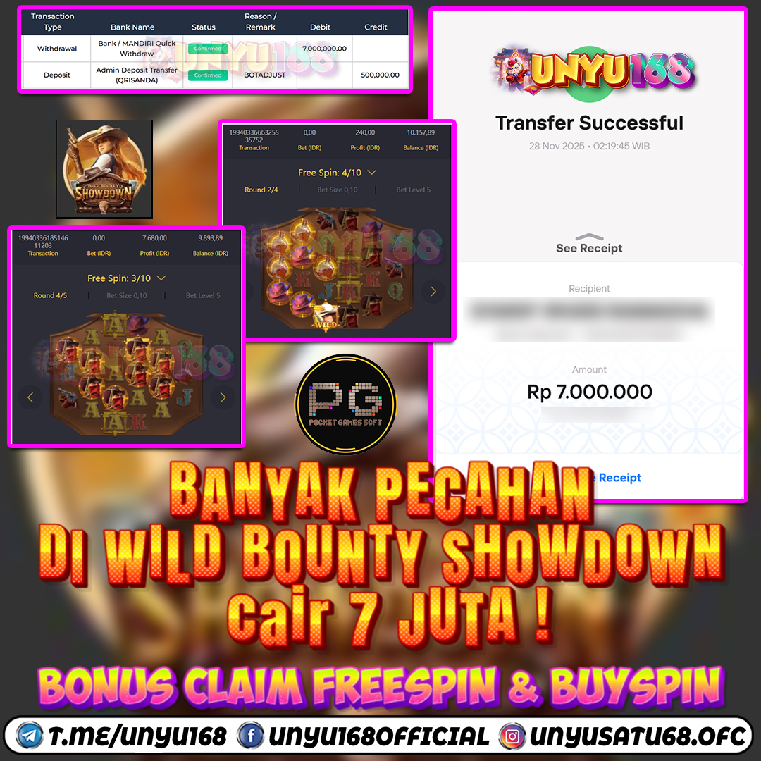 UNYU168 JACKPOT SLOT WILD BOUNTY SHOWDOWN RP 7.000.000 ID :  PIN***