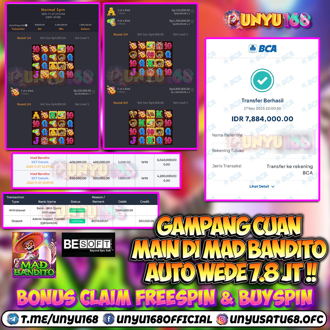 UNYU168 JACKPOT SLOT MAD BANDITO RP 7.884.000 ID : KIR***