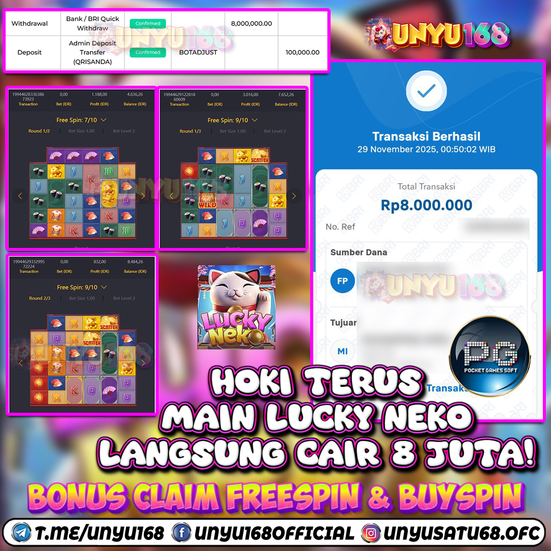 UNYU168 JACKPOT SLOT LUCKY NEKO RP 8.000.000 ID : AWE***