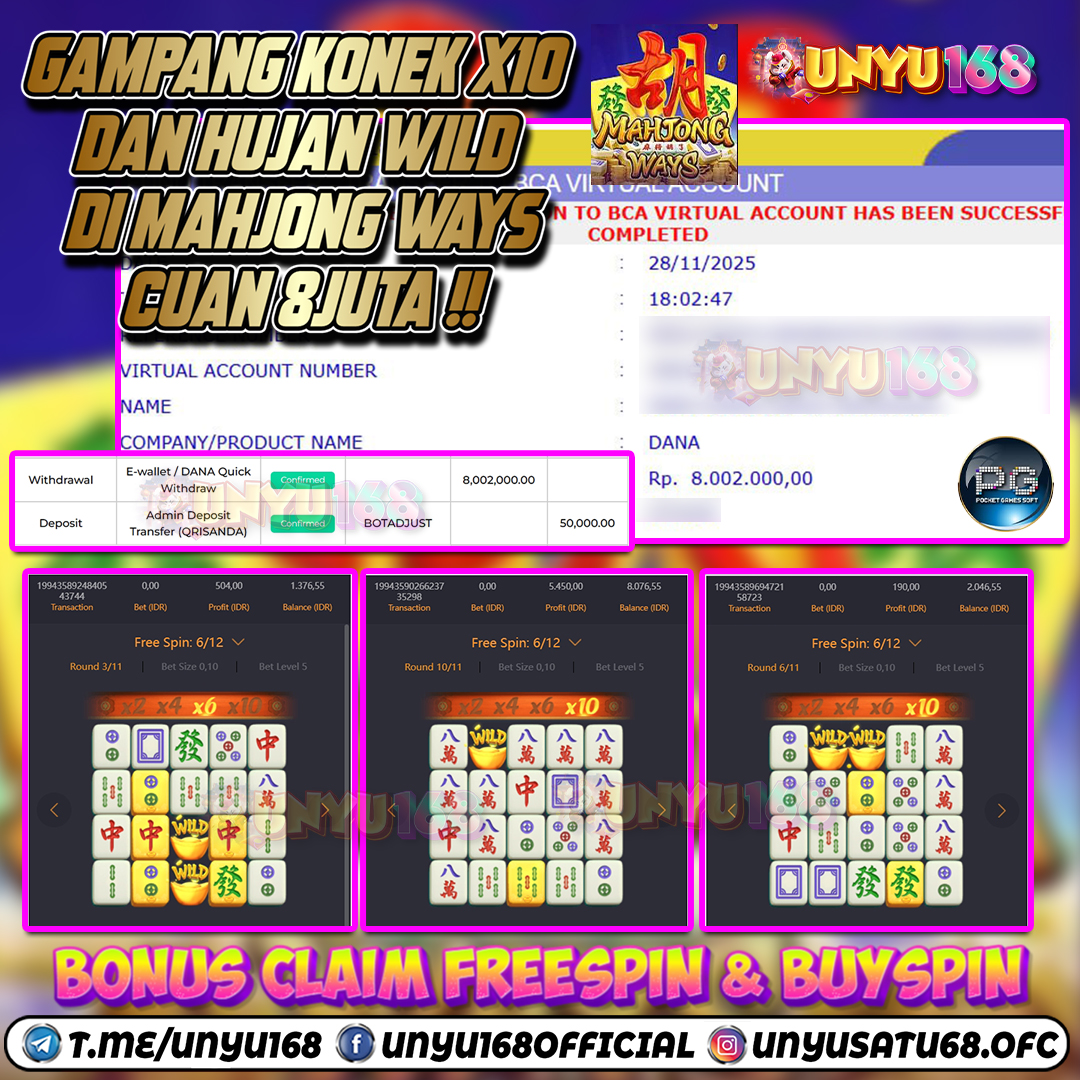 UNYU168 JACKPOT SLOT MAHJONG WAYS RP 8.002.000 ID : ALE***