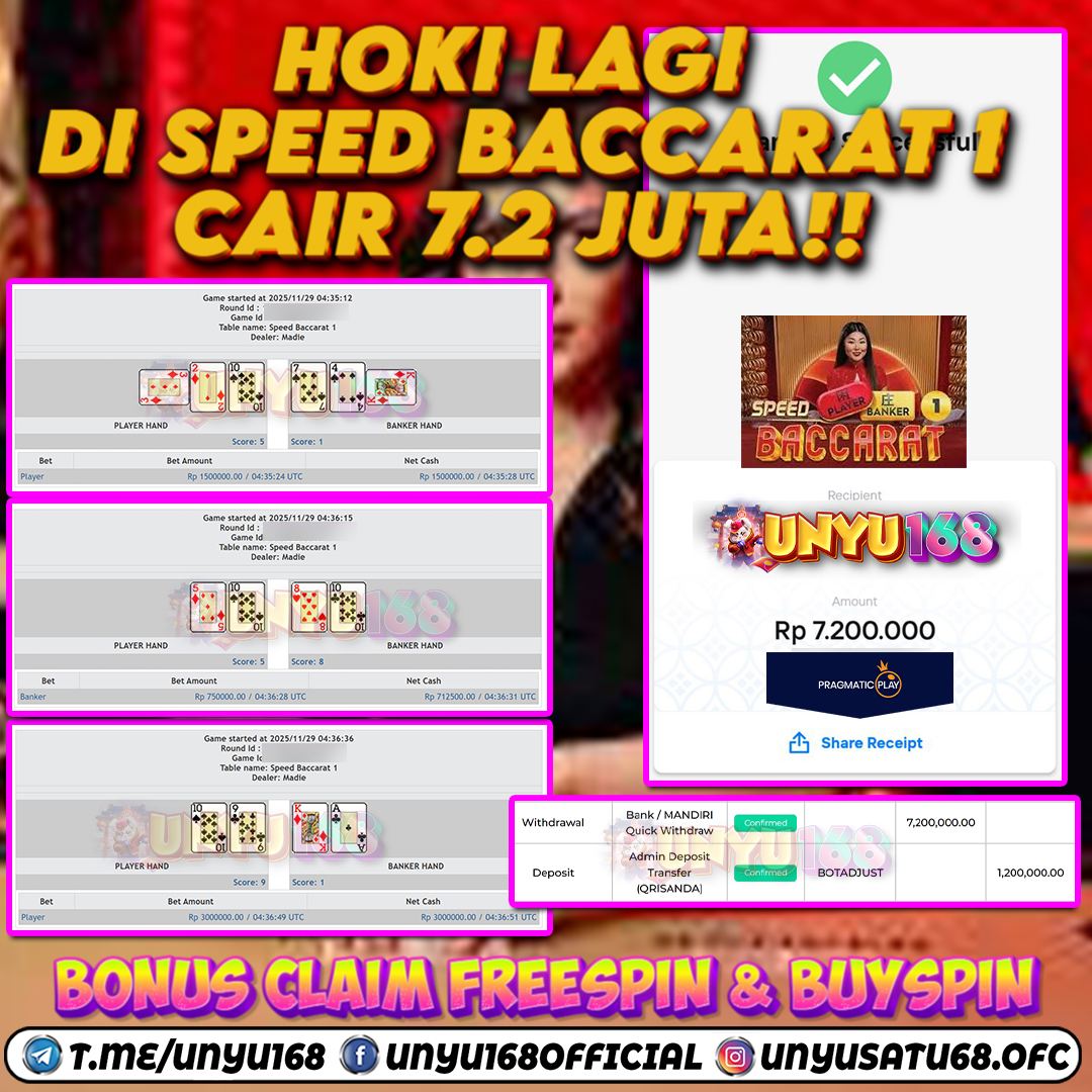 UNYU168 JACKPOT LIVE CASINO SPEED BACCARAT 1 RP 7.200.000 ID : NAE***