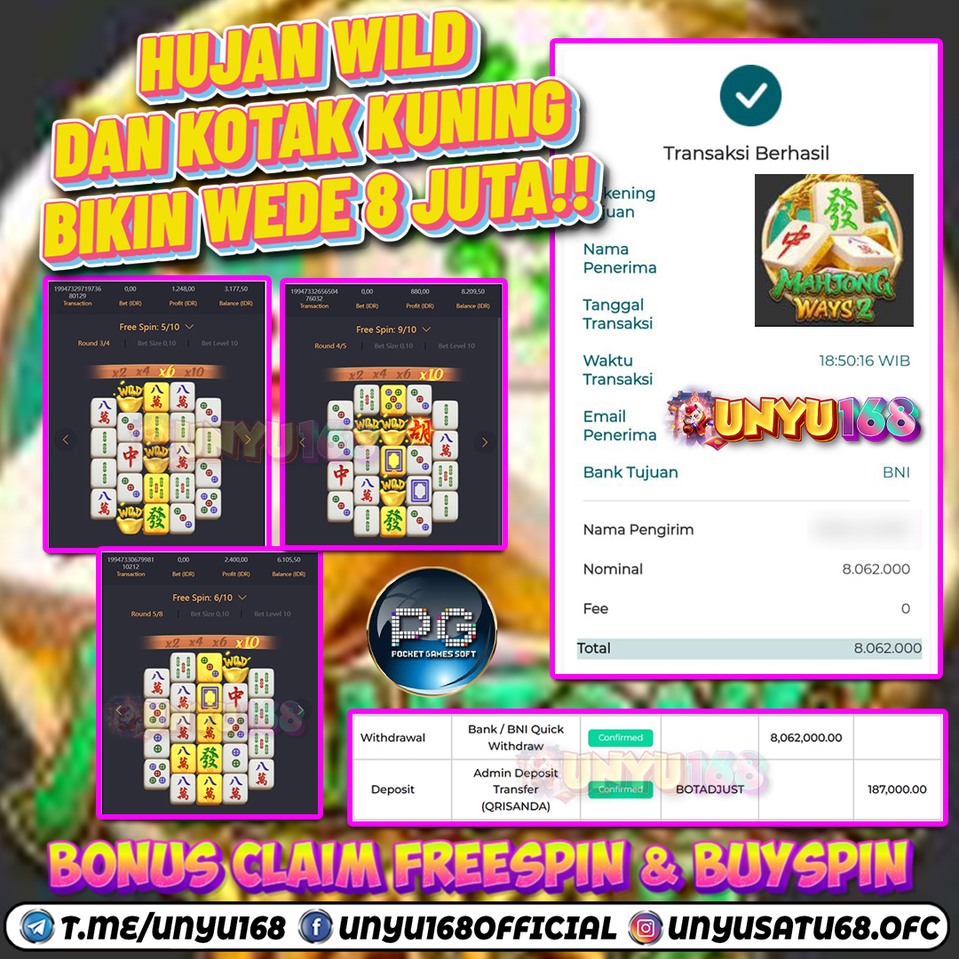 UNYU168 JACKPOT SLOT MAHJONG WAYS 2 RP 8.062.000 ID : WAH***