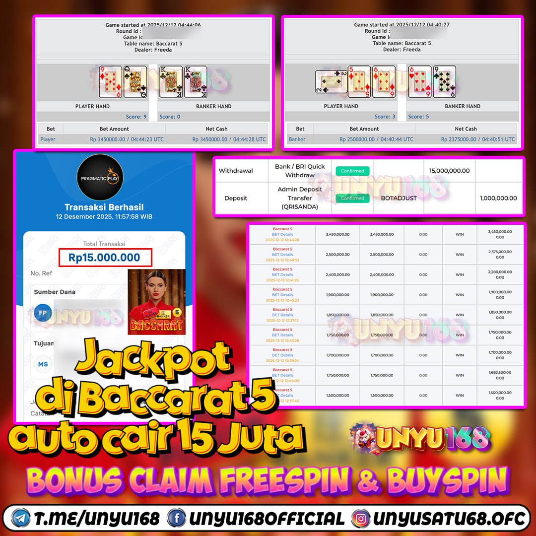 UNYU168 JACKPOT LIVE CASINO BACCARAT 5 RP 15.000.000 ID : GRY***