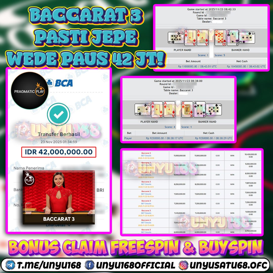 UNYU168 JACKPOT PRAGMATIC LIVE CASINO BACCARAT 3 RP 42.000.000 ID : JAK***