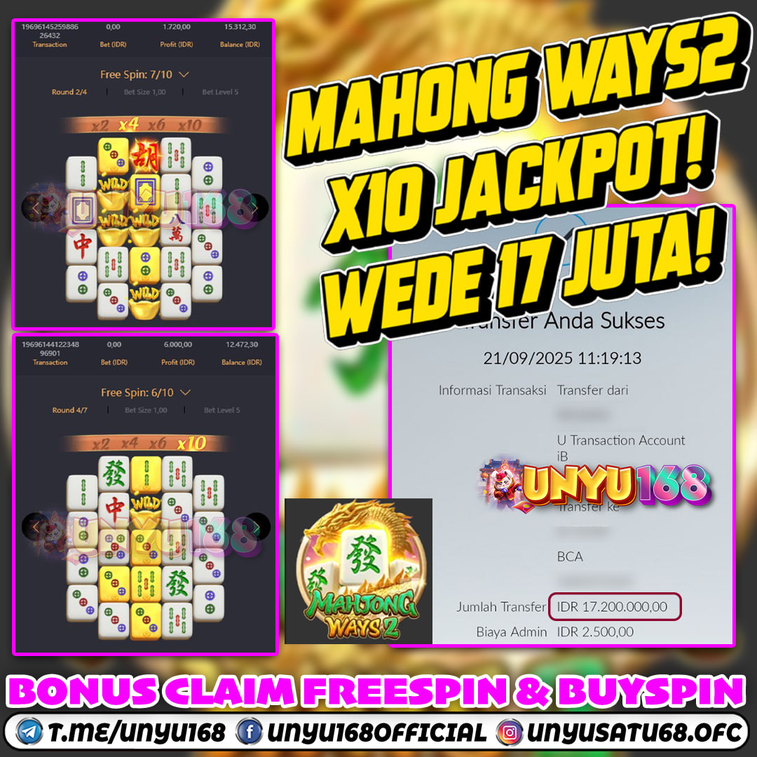UNYU168 JACKPOT SLOT MAHJONG WAYS 2 RP 17.200.000 ID : TET***